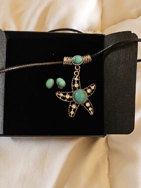 Turquoise Starfish Pendant Necklace and Earring Set - Women Jewelry